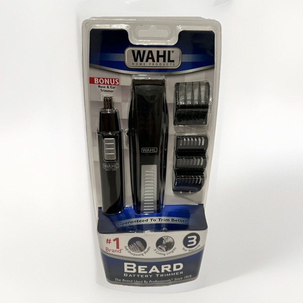 Wahl Beard Battery Trimmer 9 Cutting Lengths With Bonus Nose & Ear Trimmer - NEW